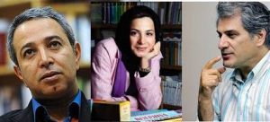 سیما تیرانداز با مانتو یاسی و ناصر هاشمی با پیرهن آبی و مجید جوزانی